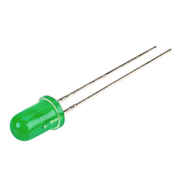 Grüne LED mit zwei Metallanschlüssen, zeigt die Vorderseite der Leuchtdiode.