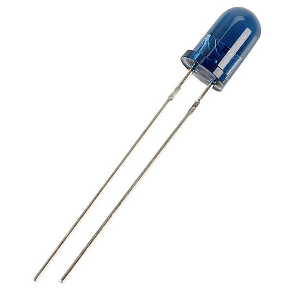 Eine blau leuchtende Diode (LED) mit zwei langen Anschlüssen.