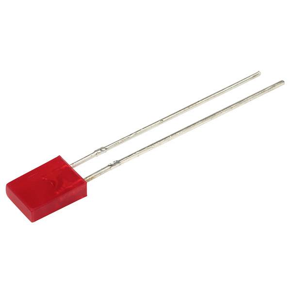 Ein rotes LED-Bauteil mit zwei silbernen Anschlussdrähten auf weißem Hintergrund.