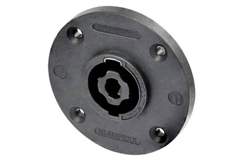 Couvercle en plastique noir rond avec un mécanisme de fixation cylindrique central et quatre trous de vis.