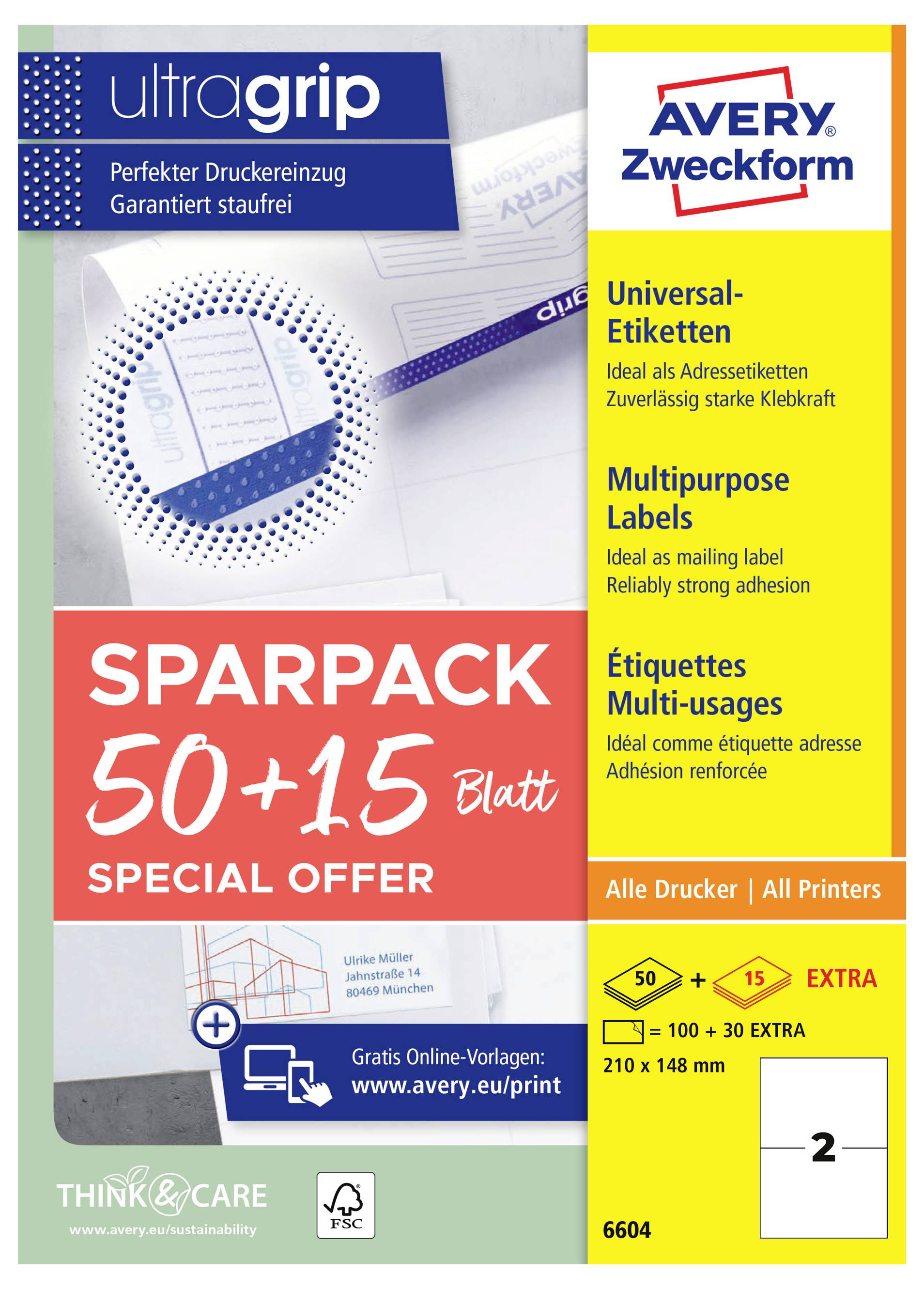 Avery Zweckform pack spécial 'ultragrip' étiquettes sparpack, 50+15 feuilles offre spéciale, étiquettes universelles/polyvalentes pour toutes les imprimantes.