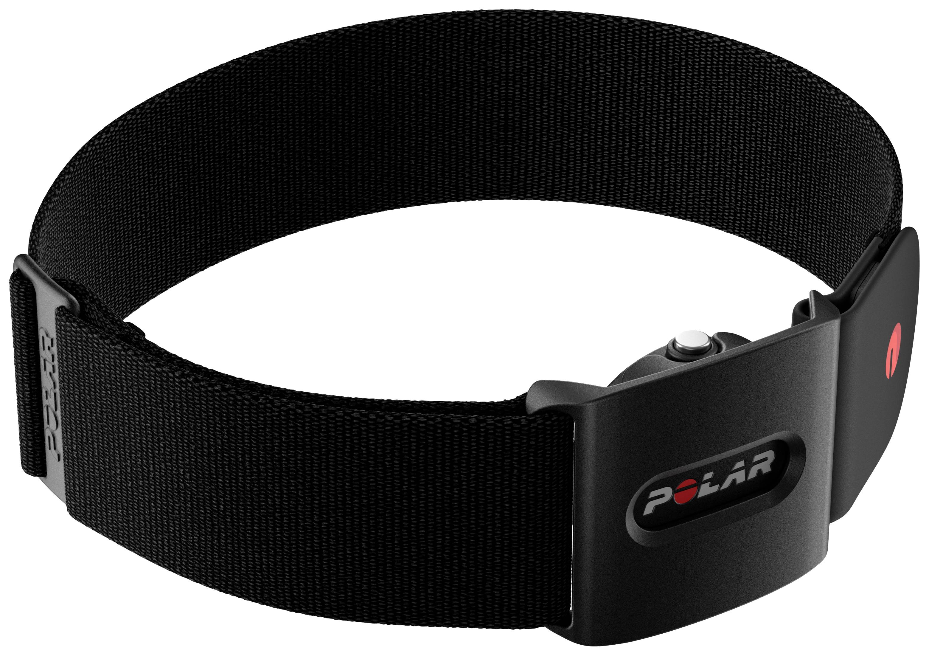 Capteur de fréquence cardiaque de la marque Polar avec ceinture élastique noire ; compact et fonctionnel pour une utilisation sportive.