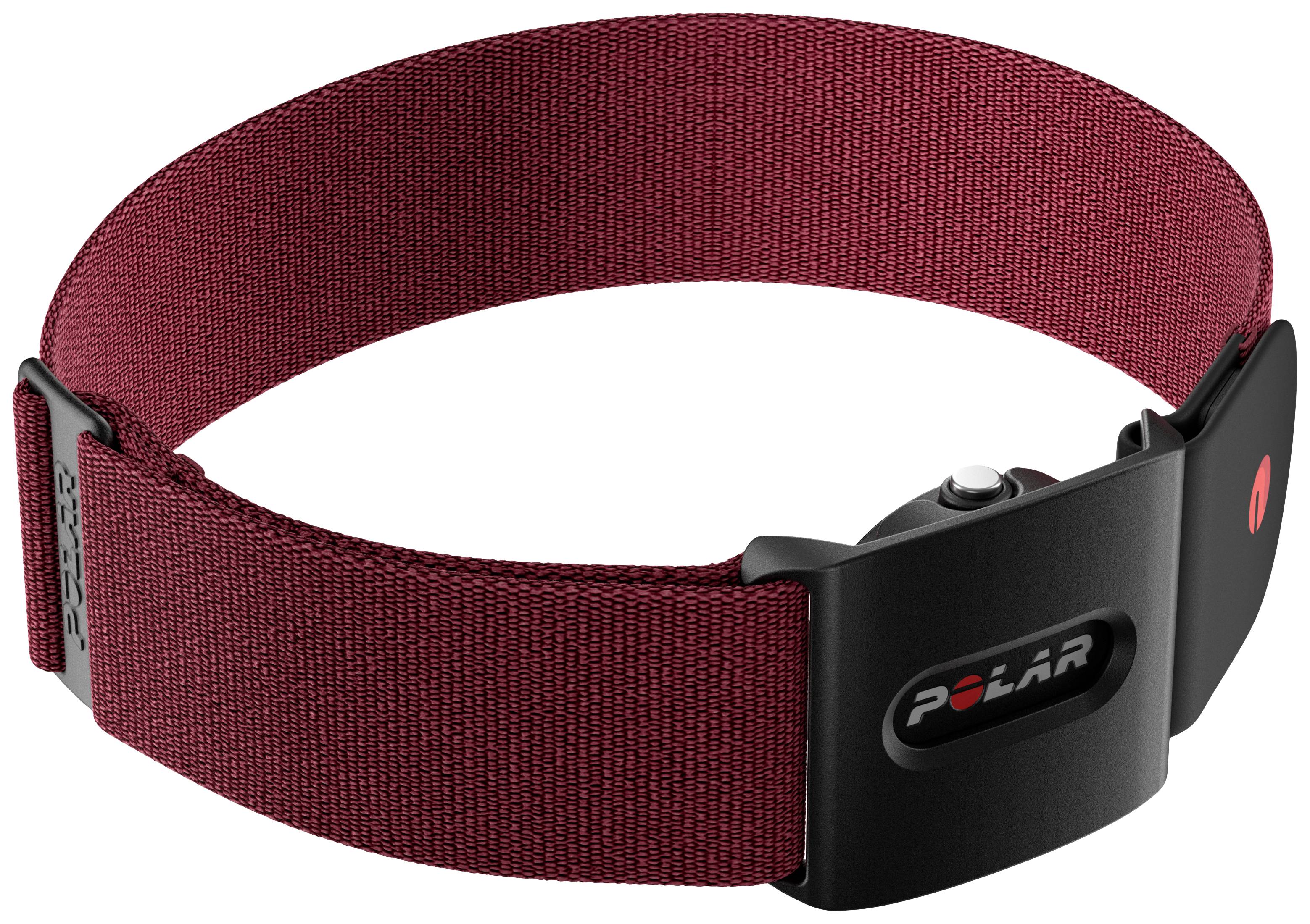 Moniteur de fréquence cardiaque rouge de Polar sous forme de bracelet avec fermoir noir et capteur noir.