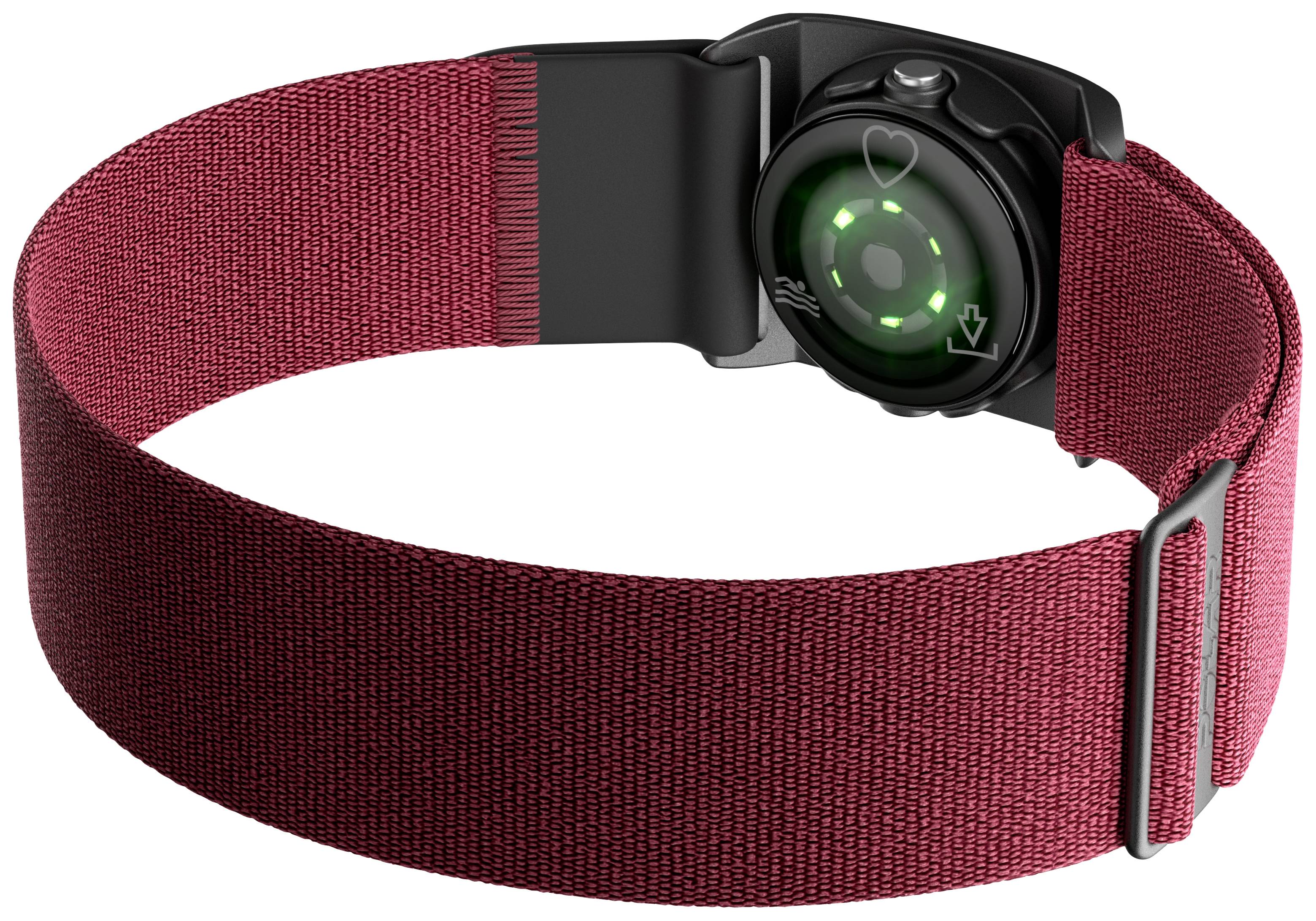 Montre-bracelet rouge avec un dos noir et un capteur lumineux ; affiche un style moderne et sportif.
