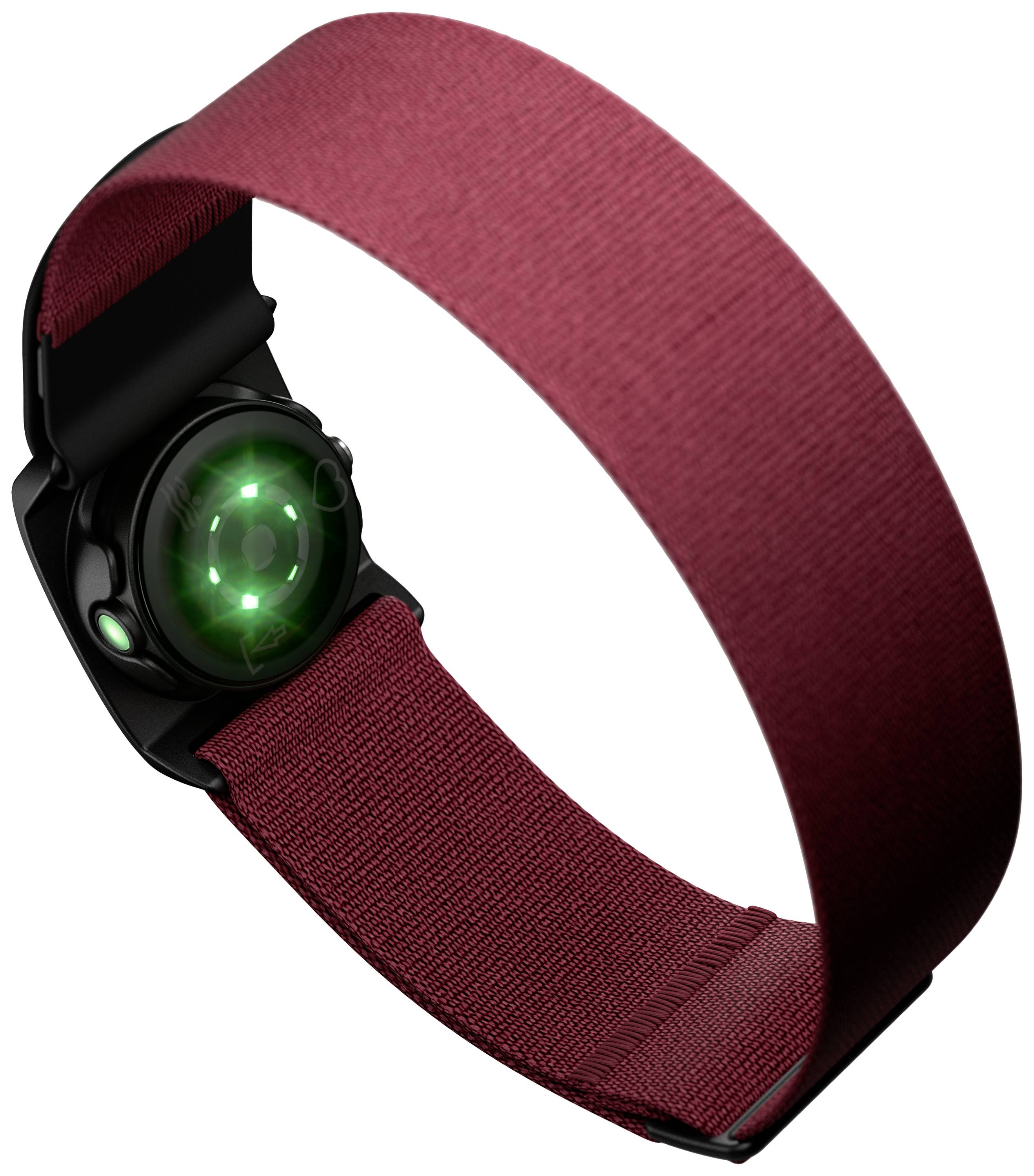 Montre intelligente rouge avec bracelet en tissu, affichant des capteurs lumineux verts sur sa face inférieure, utilisés pour la surveillance de la santé ou de la condition physique.