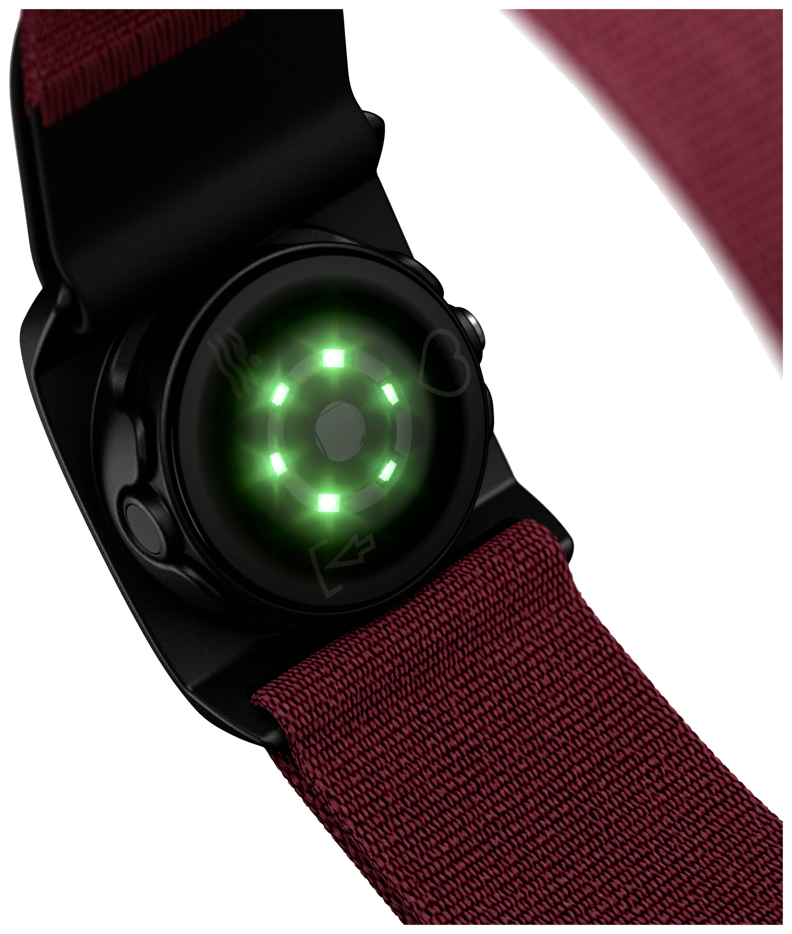 Gros plan sur un bracelet de fitness avec un bracelet rouge et un capteur vert lumineux mesurant des données de santé.
