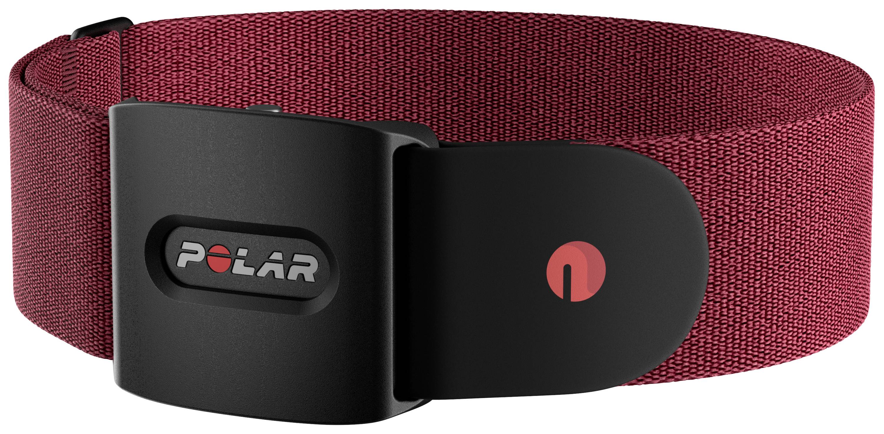 Un moniteur de fréquence cardiaque rouge de Polar avec un clip noir.