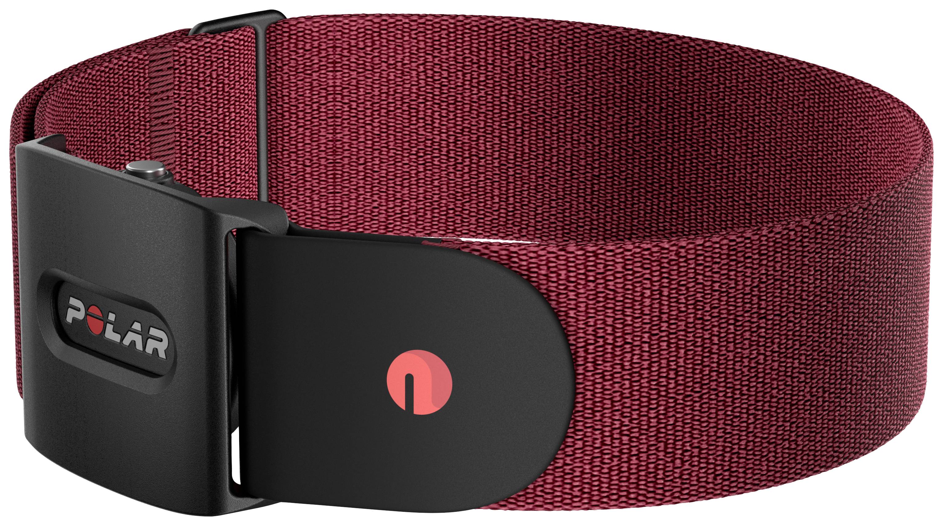 Un bracelet rouge avec une boucle noire, marqué du logo 'Polar'.