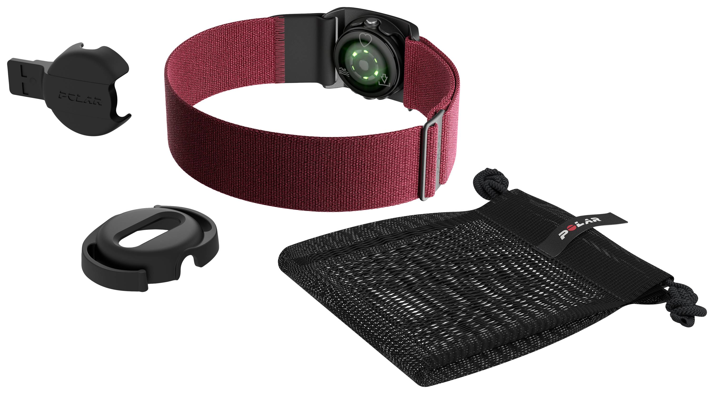 Un bracelet rouge avec capteur, accessoires et un sac de transport en maille. Il sert à surveiller les données de fitness et de santé.