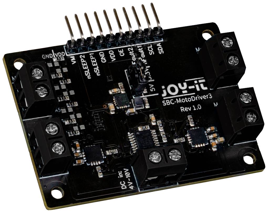 Carte de pilotage de moteur Joy-It SBC-MotoDriver3 Rev 1.0 avec plusieurs connexions et composants électroniques noirs.