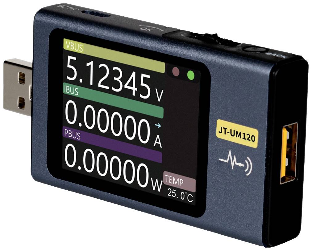 Un appareil de mesure USB affiche 'VBUS 5,12345 V', 'IBUS 0,00000 A', 'PBUS 0,00000 W' et 'TEMP 25,0 °C' sur un écran.