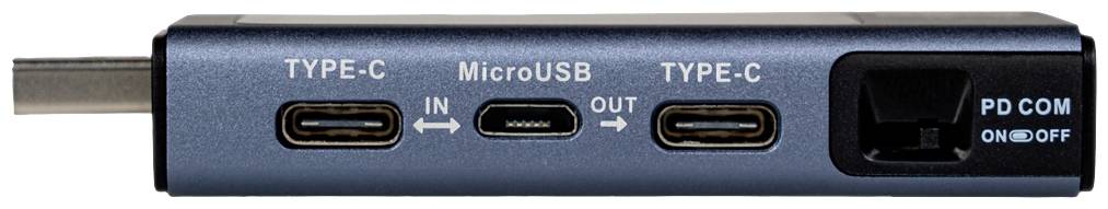 Un adaptateur avec des ports : deux USB Type-C, un MicroUSB et un interrupteur portant l'inscription 'PD COM ON/OFF'.