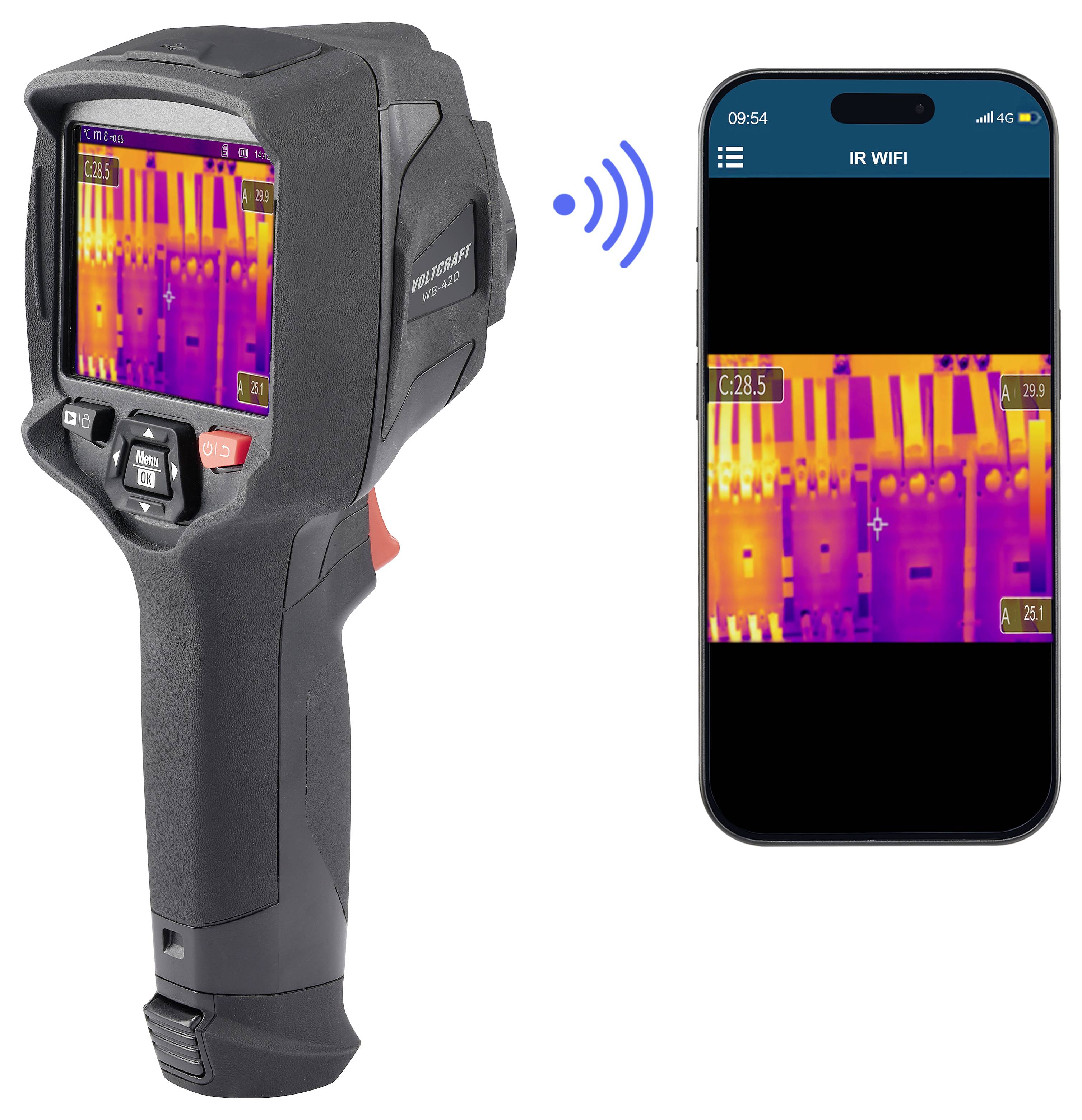Caméra thermique transmettant une image thermique sans fil à une application smartphone intitulée « IR WIFI ».
