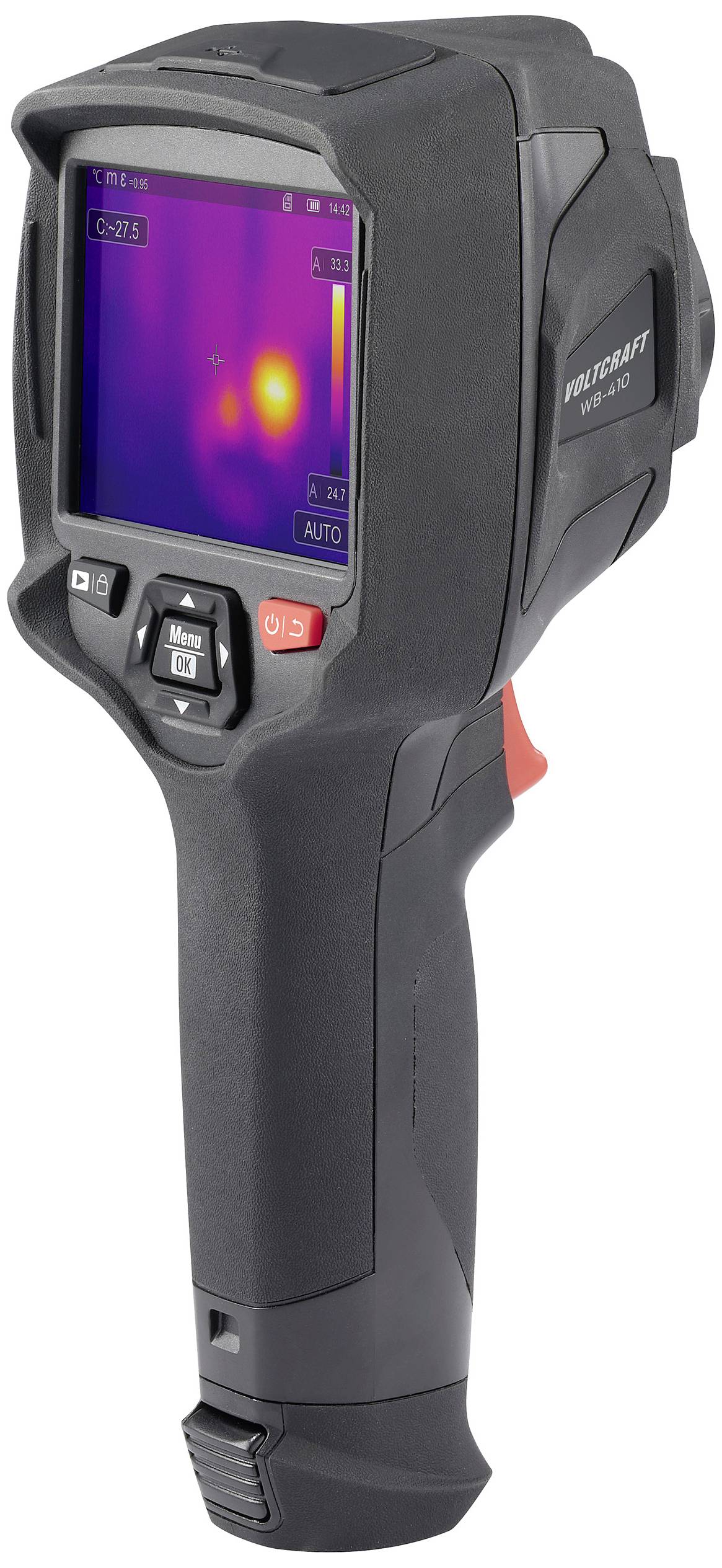 Un thermomètre infrarouge portable avec écran affiche des données thermiques. L'appareil noir dispose de commandes rouges.