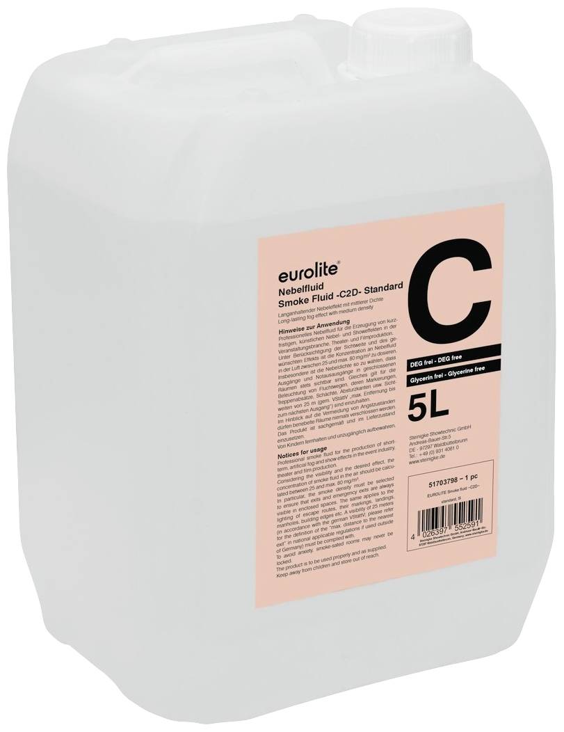 Un bidon de 5 litres de liquide à fumée Eurolite, type C, pour machines à brouillard. Étiquette avec informations produit et consignes de sécurité.