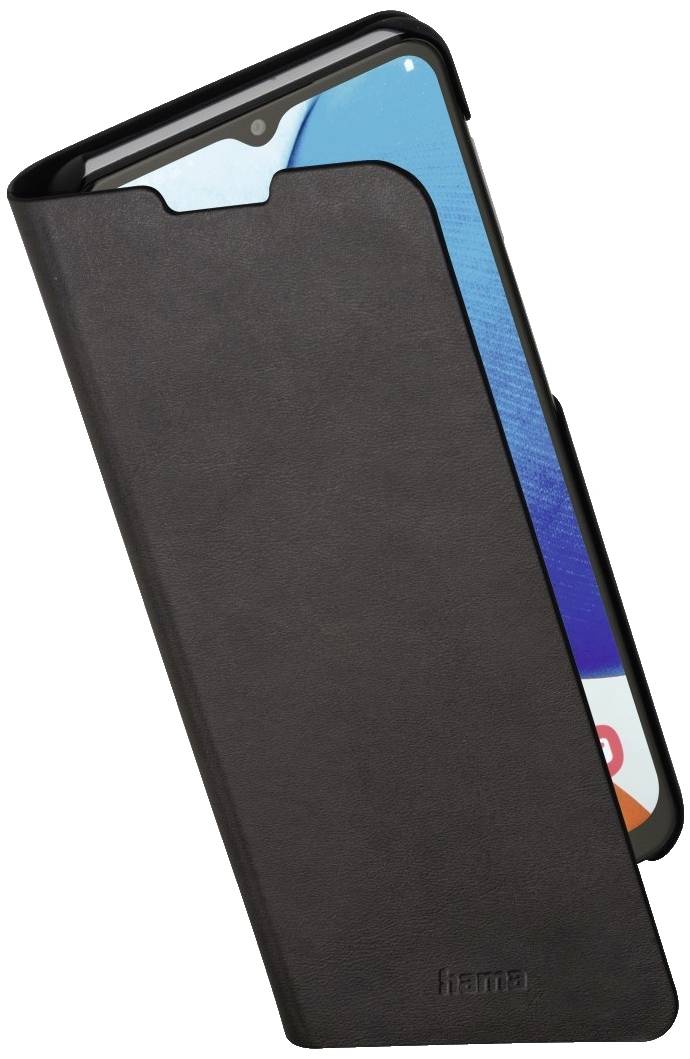 Smartphone dans une housse pliante noire. L'écran est partiellement visible.