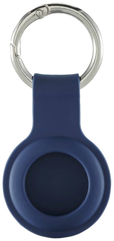 Porte-clés portable bleu avec un anneau métallique rond en haut, adapté pour être fixé à des clés ou des sacs.