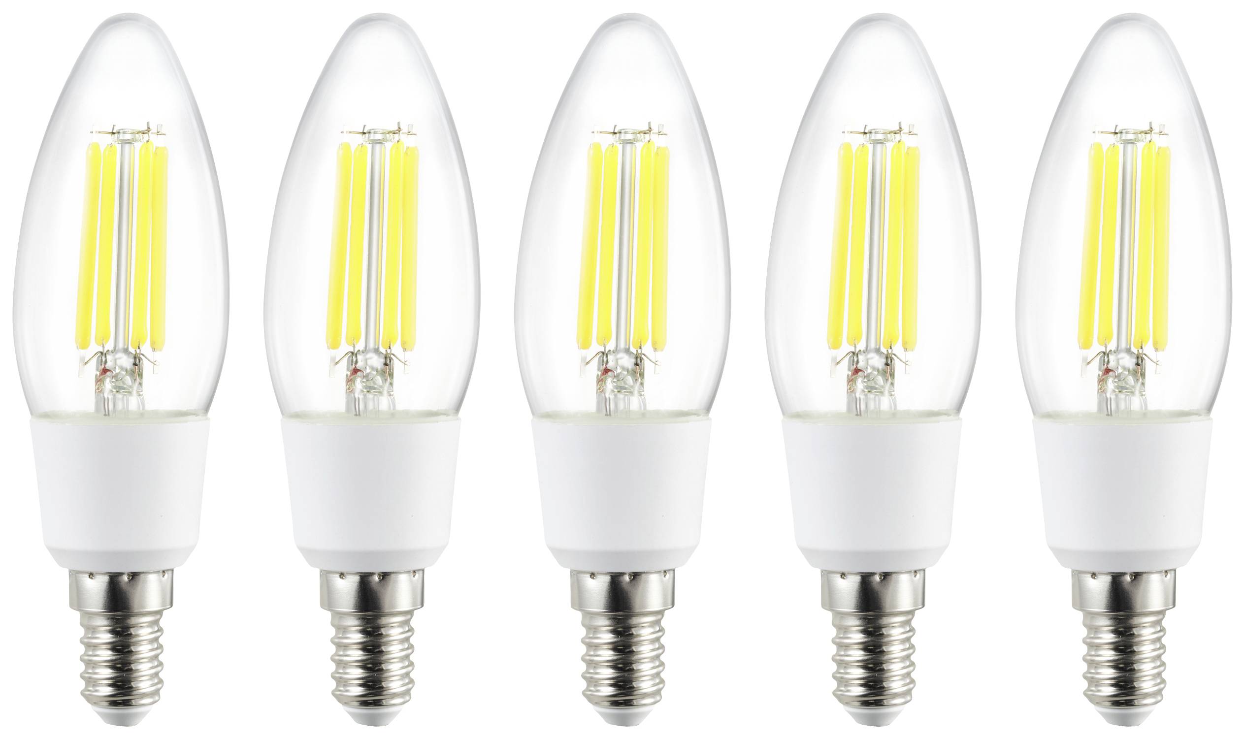Cinq ampoules LED à filaments visibles sont alignées verticalement. Chacune possède une douille E14 et un verre transparent.