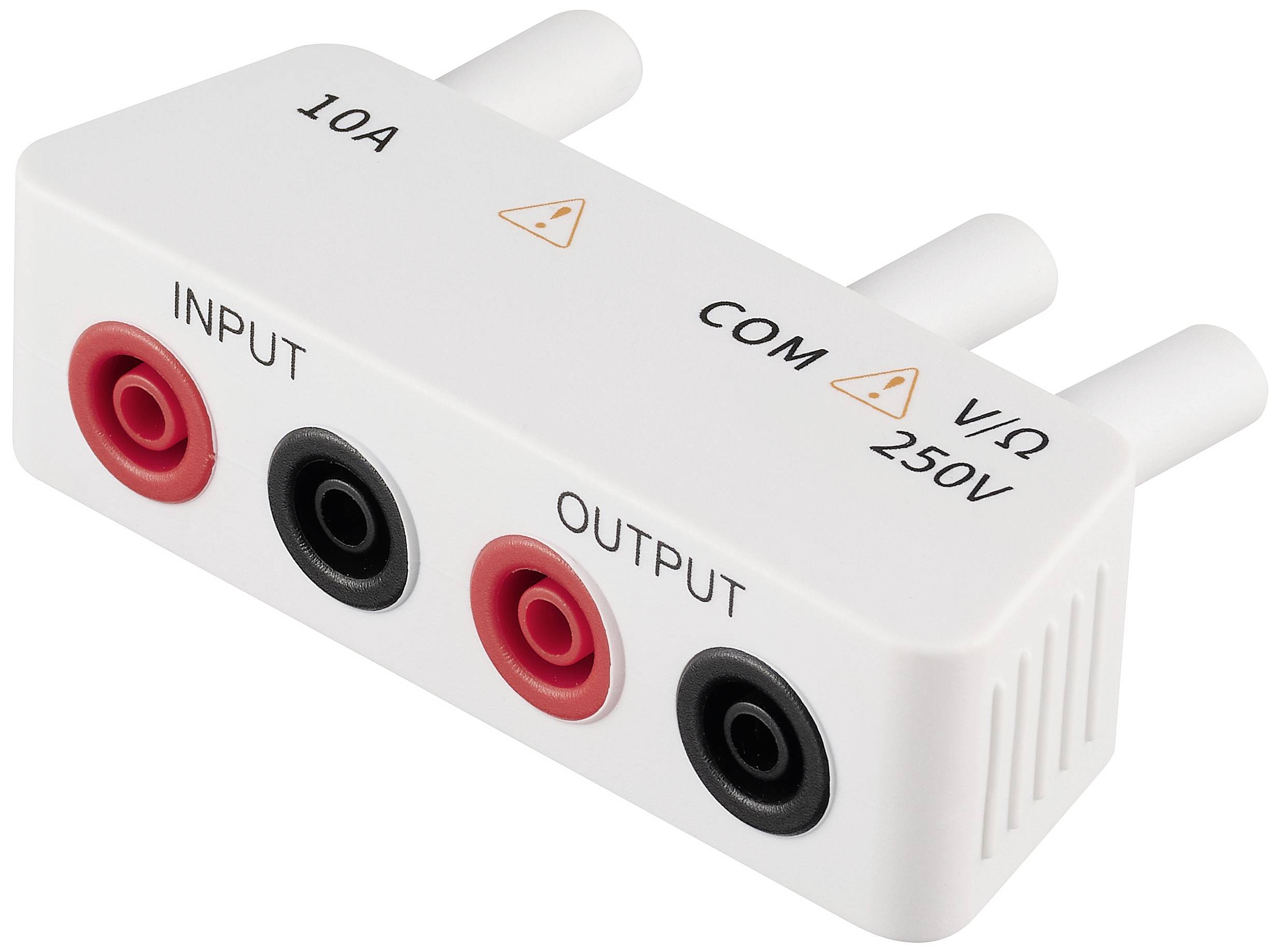 Un adaptateur pour appareils de mesure électrique avec des étiquettes 'INPUT', 'OUTPUT', '10A', 'COM', et 'VΩ 250V'. Adapté pour les mesures de courant.