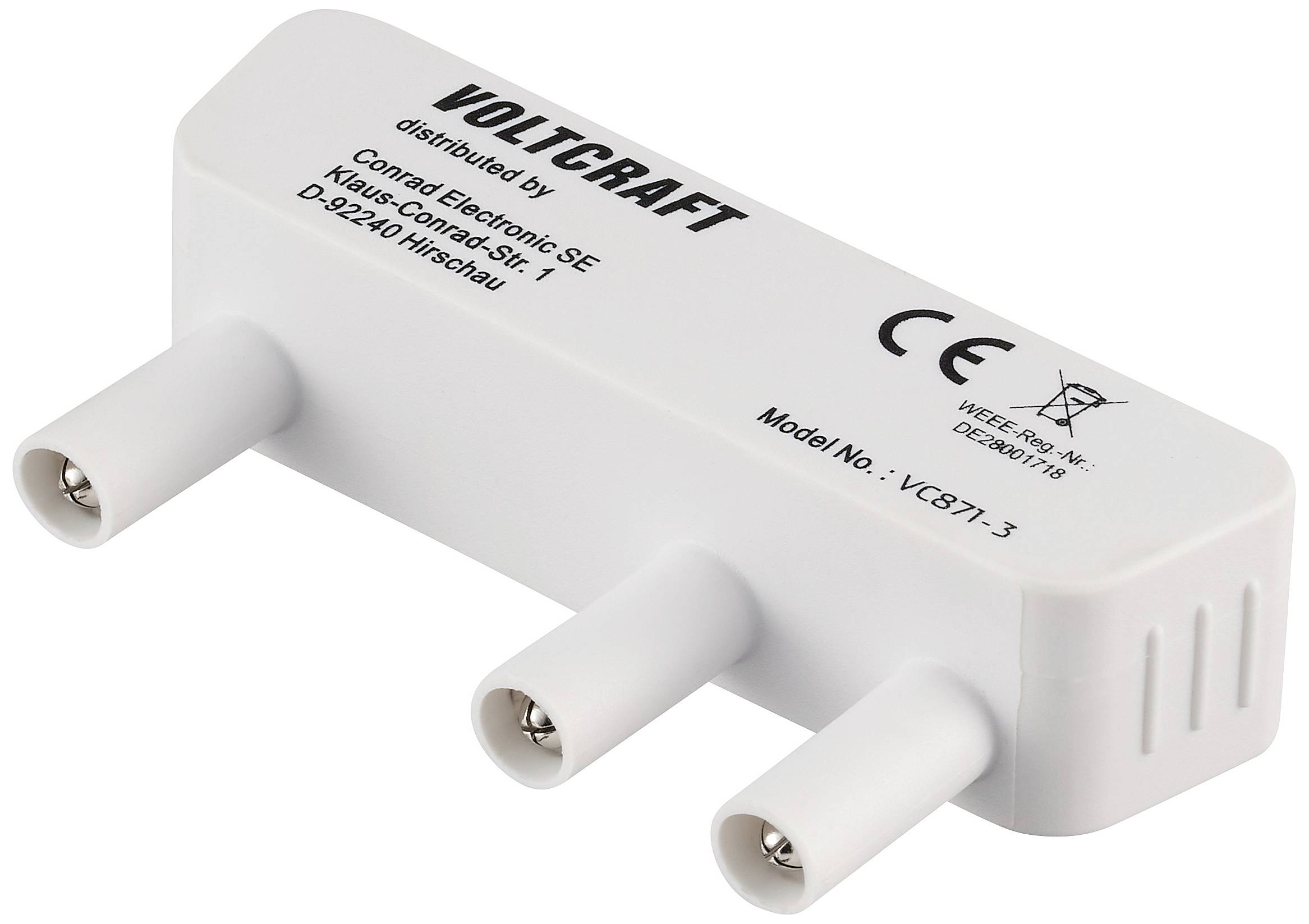 Un adaptateur blanc avec trois connexions et l'inscription 'VOLTCRAFT', numéro de modèle VC871-3, portant le marquage CE.