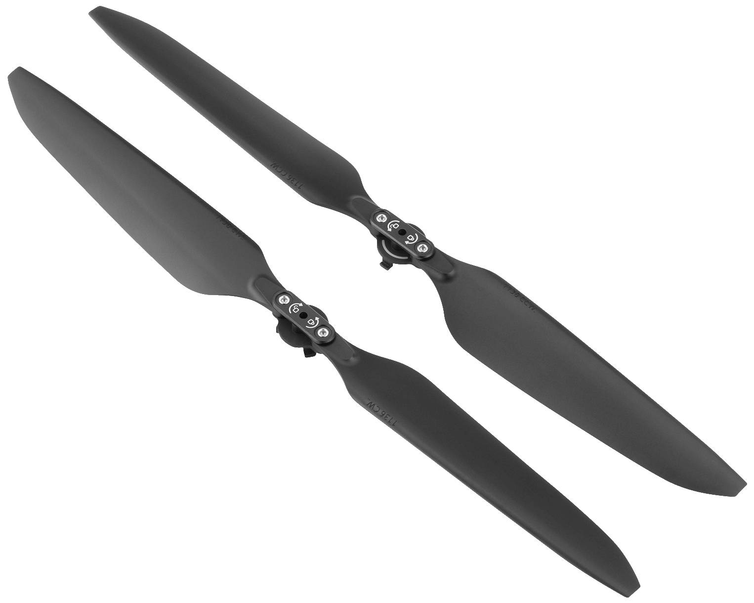 Deux hélices noires de drone avec des vis et des plaques de montage visibles, placées côte à côte.