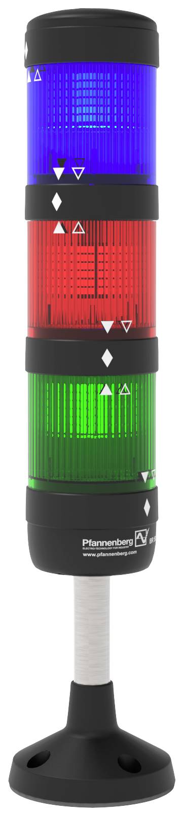 Colonne de signalisation lumineuse avec trois feux : bleu en haut, rouge au milieu, vert en bas. Ce feu indique le statut de la machine.