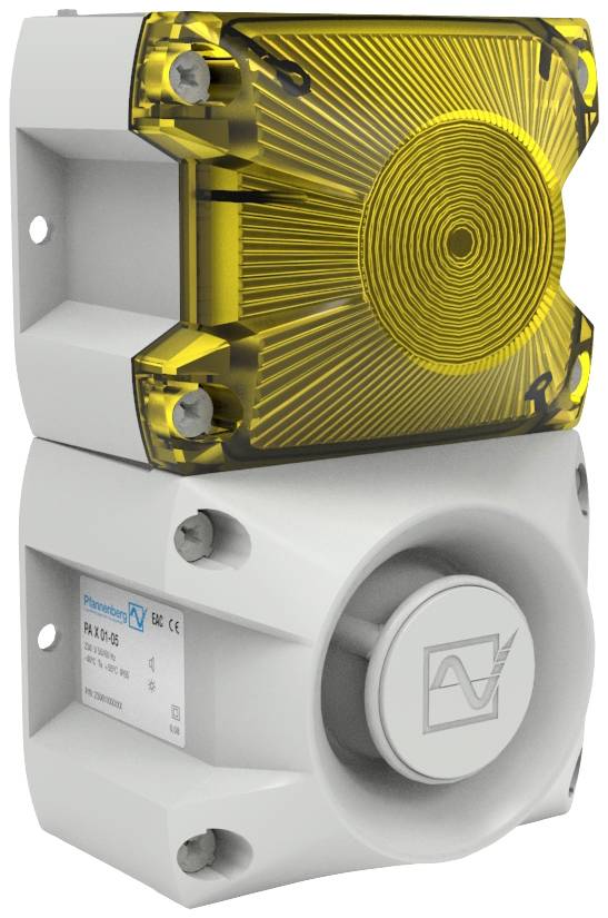 Dispositif d'alarme jaune avec flash lumineux et sirène, monté sur une base en plastique blanc. Adapté pour les signaux acoustiques et visuels.