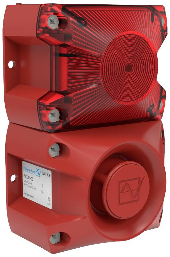 Système d'alarme rouge, fixé au mur, avec un voyant lumineux en haut et un haut-parleur en bas, portant des détails techniques sur le côté.