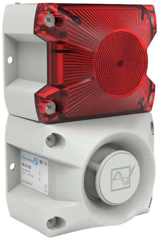 Dispositif d'alarme avec voyant LED rouge et haut-parleur. Comprend une étiquette de produit avec des détails techniques. Boîtier de couleur neutre.