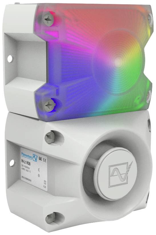 Appareil électronique doté d'un affichage lumineux coloré et d'un haut-parleur dans un boîtier en plastique clair, probablement utilisé comme signal d'avertissement.