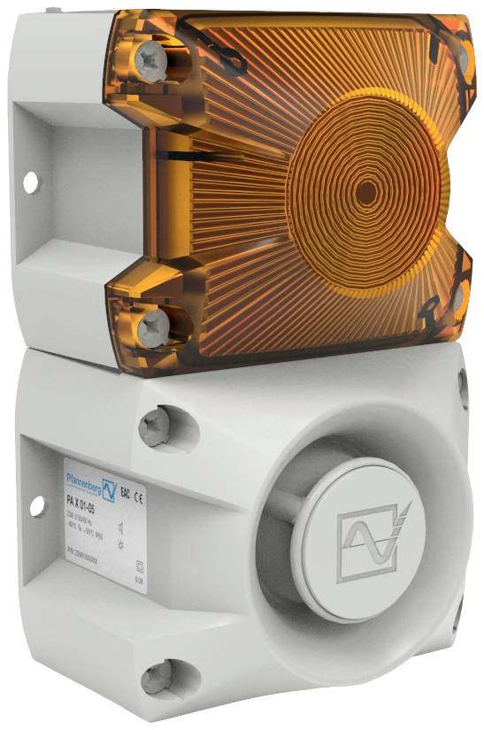 Un dispositif d'alarme blanc avec un capuchon de protection orange, monté sur un mur. Partie supérieure avec signal optique, partie inférieure avec signal acoustique.