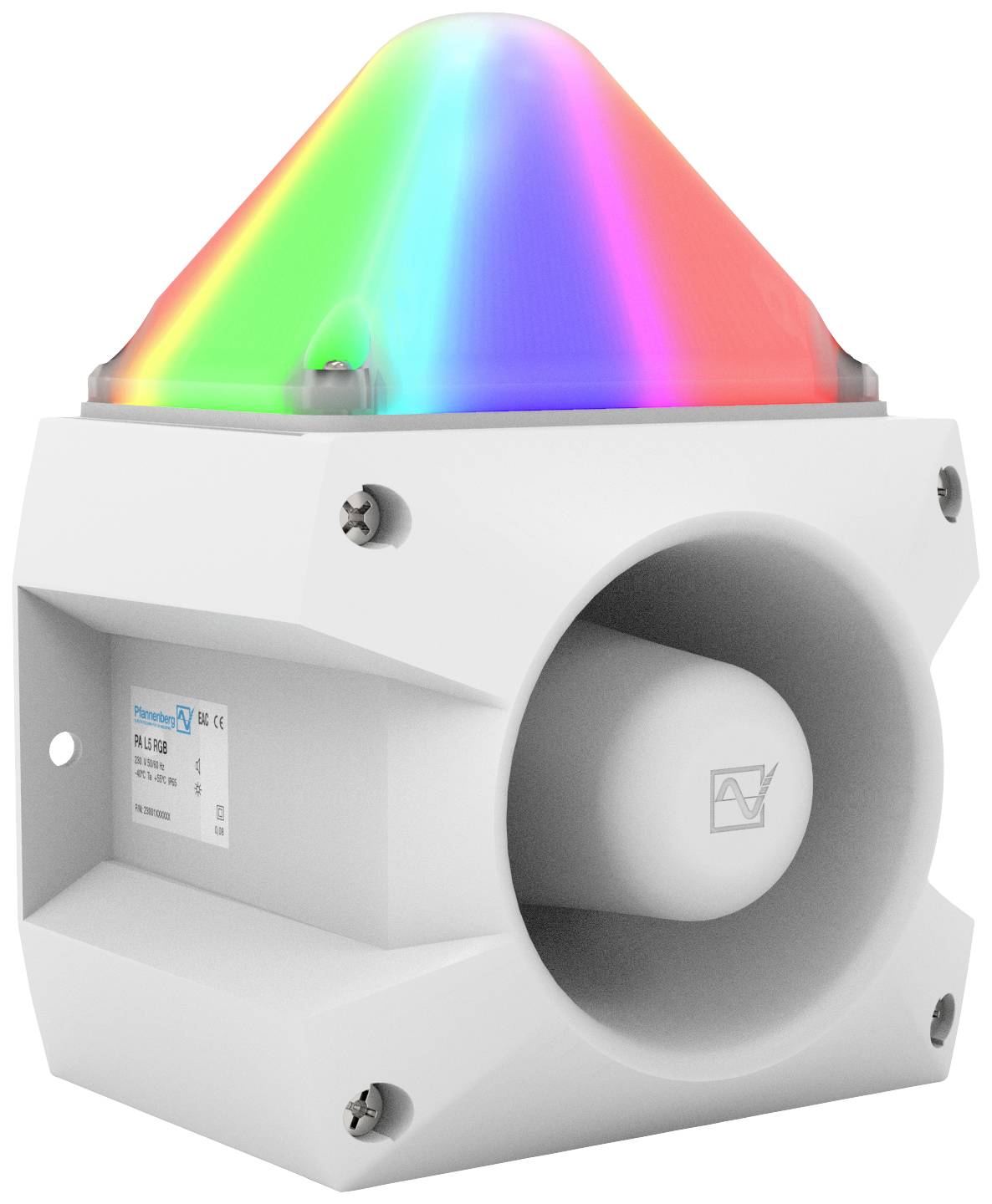 Un haut-parleur d'alarme blanc équipé d'un dispositif lumineux multicolore au sommet, intégrant les couleurs rouge, verte et bleue.