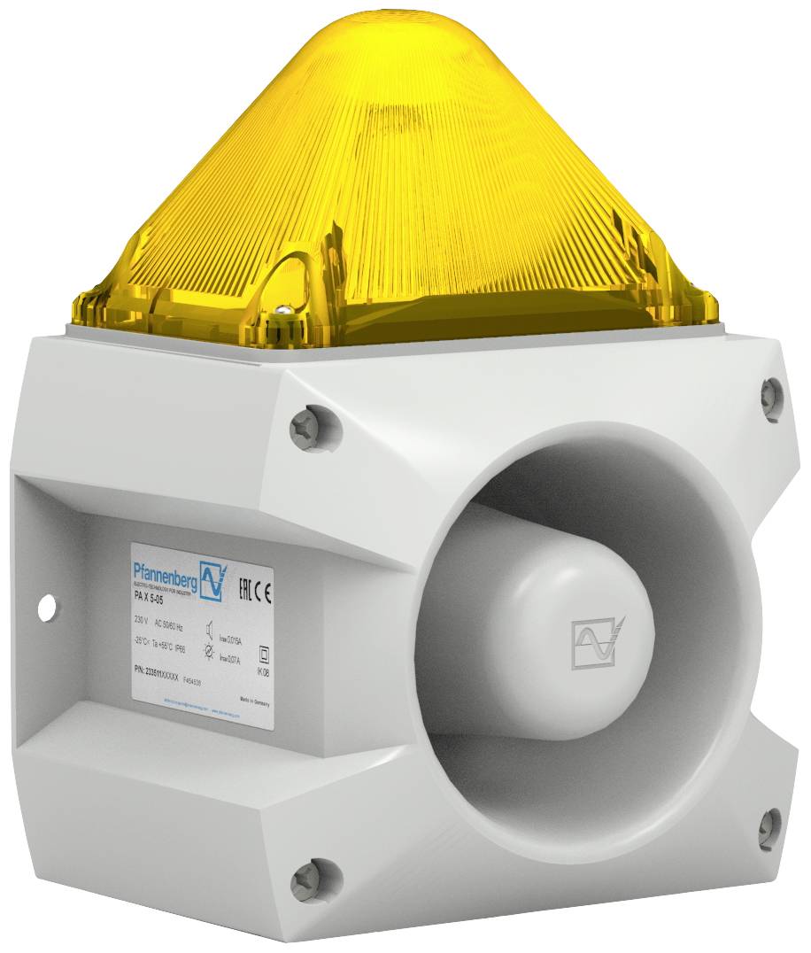 Lampe de sécurité blanche avec un diffuseur lumineux jaune conique et un haut-parleur, montée sur un socle trapézoïdal, de Pfannenberg.