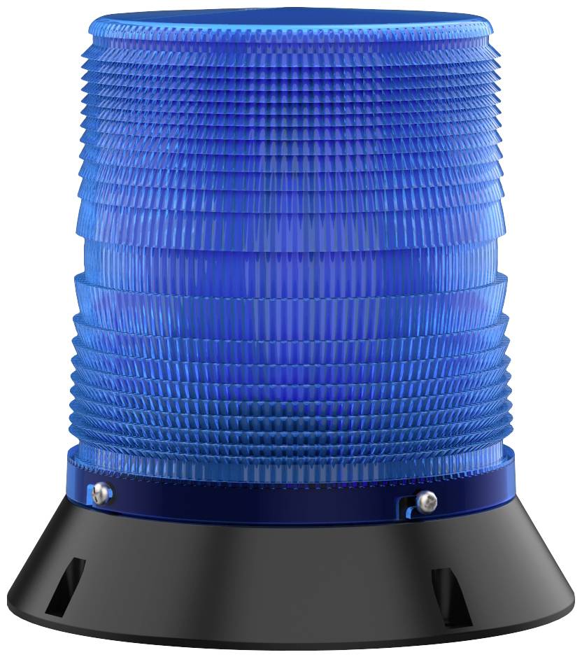 Un voyant d'avertissement bleu sur un socle noir, souvent utilisé à des fins de sécurité ou d'alarme dans des environnements industriels.