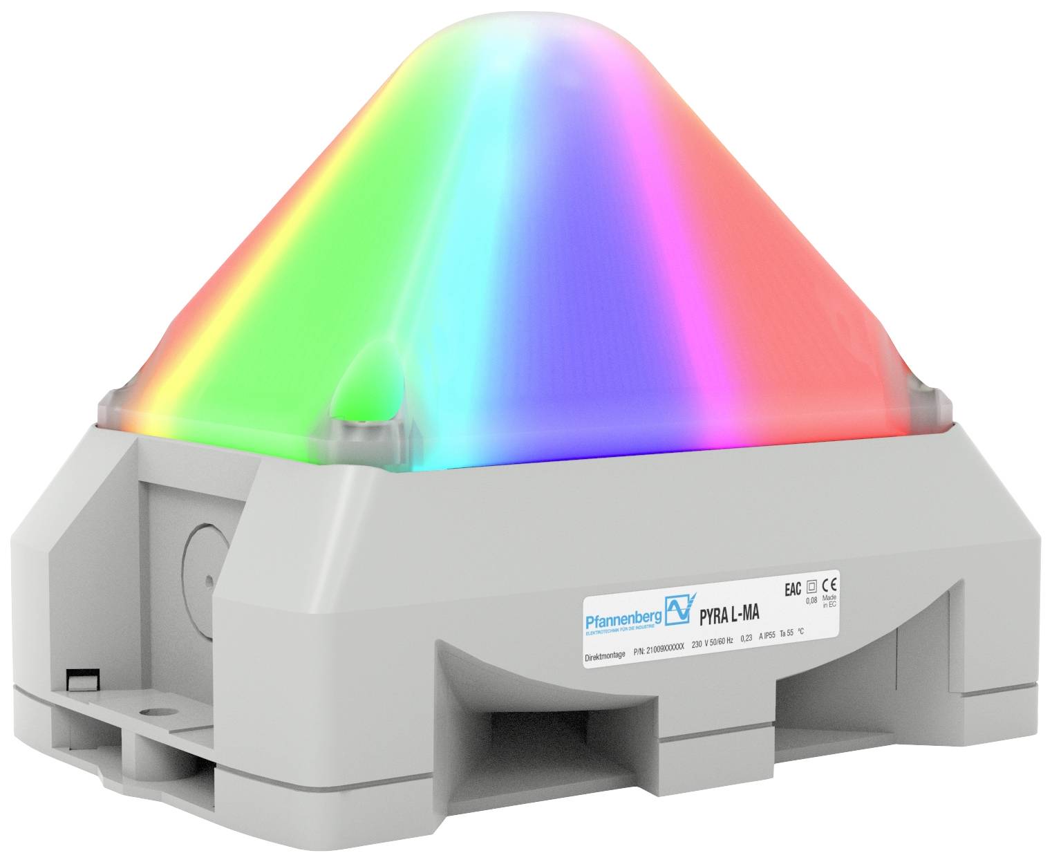 Un dispositif lumineux en forme de pyramide qui s'illumine dans plusieurs couleurs. Boîtier avec les informations du fabricant et du modèle.