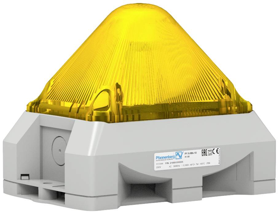 Un voyant d'avertissement jaune avec un socle gris, adapté aux applications industrielles, présente des indications de sécurité sur sa face avant.