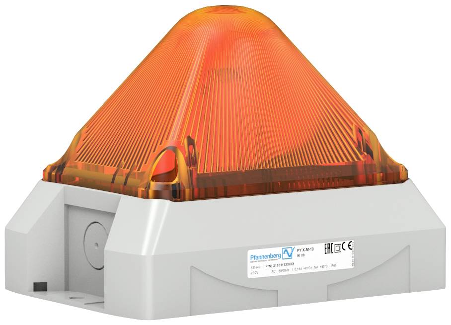 Un voyant d'avertissement orange en forme de pyramide sur un socle blanc. Utilisé pour signaler des dangers ou des avertissements.