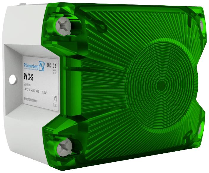 Un appareil électrique vert portant le logo 'Pfannenberg', modèle PY X-S. Il présente un boîtier structuré qui semble robuste.