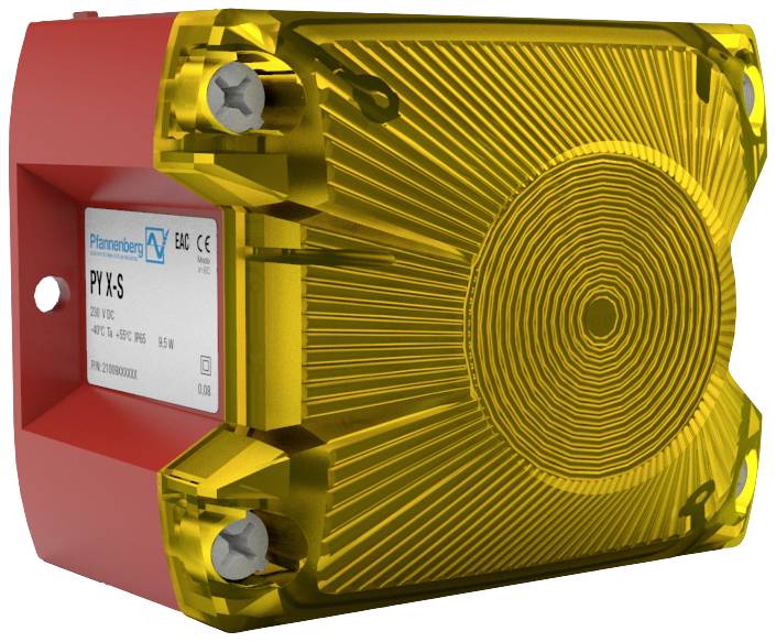 Appareil électronique avec un boîtier jaune et une étiquette visible à gauche. Vis et motif symétrique sur la face avant.