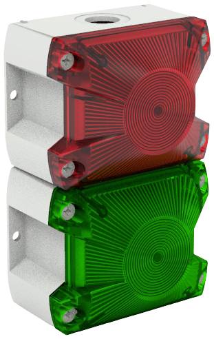 Une pile de deux modules de lampes rectangulaires, rouge en haut et vert en bas. Ils sont fixés côte à côte dans un cadre métallique.
