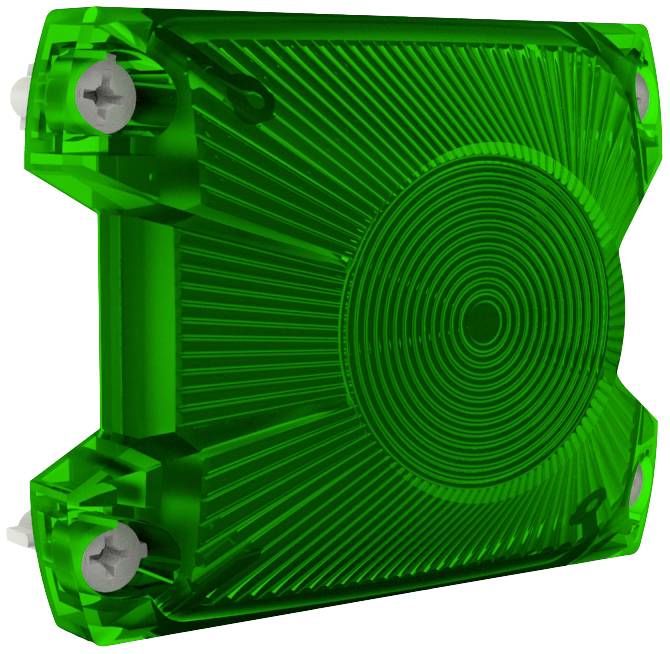 Pièce technique en plastique vert, de forme rectangulaire, présentant des motifs circulaires et des vis dans les coins, probablement un composant mécanique.
