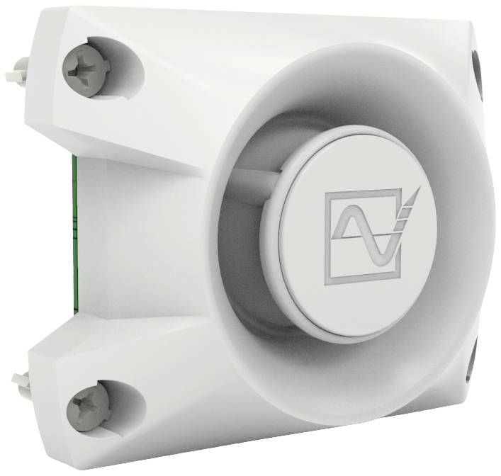 Ventilateur blanc compact avec logo intégré, adapté au refroidissement d'appareils électroniques ; montable au moyen de quatre vis.