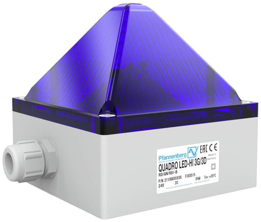 Un dispositif de signalisation LED Quadro de Pfannenberg avec boîtier bleu, adapté pour 24V DC, indice de protection IP66, plage de température de -30°C à +65°C.