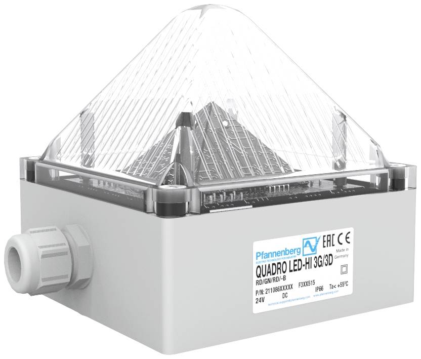 Ampoules LED industrielles avec boîtier pyramidal, portant l'inscription 'Quadro LED-Hi 3G/3D' et spécifications techniques.