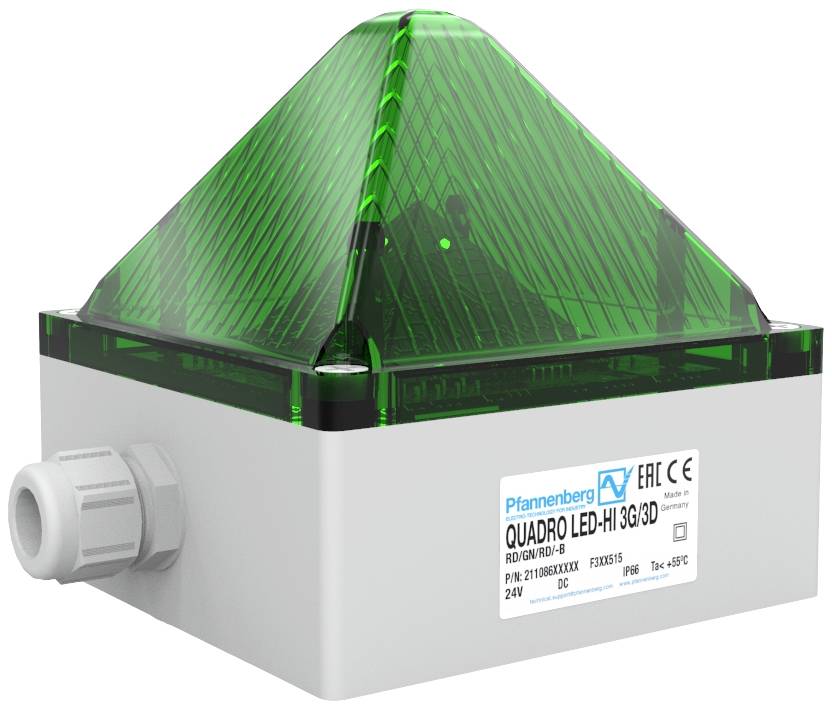 Lampe industrielle à lumière LED verte, de forme pyramidale. Étiquetée 'Quadro LED-Hi 3G/3D'. Boîtier en plastique gris.