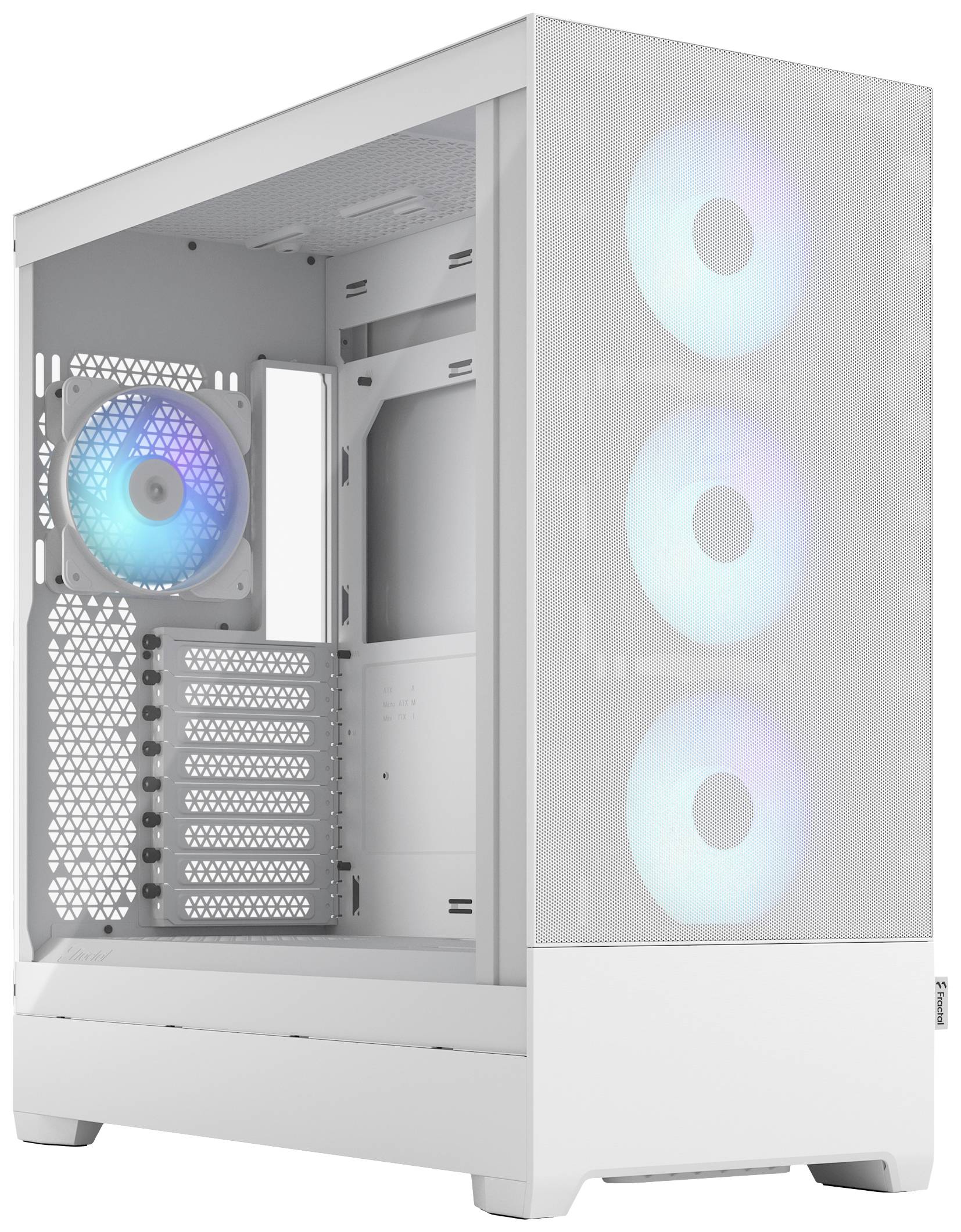 Boîtier d'ordinateur blanc avec trois ventilateurs éclairés à l'avant et un à l'arrière, offrant de l'espace pour les composants PC.
