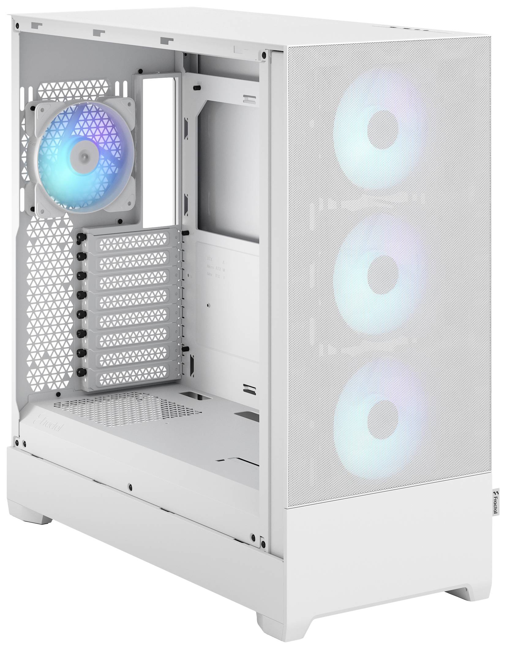 Boîtier PC blanc avec espace intérieur ouvert, trois ventilateurs lumineux à l'avant et un ventilateur à l'arrière, adapté pour les configurations de gaming.