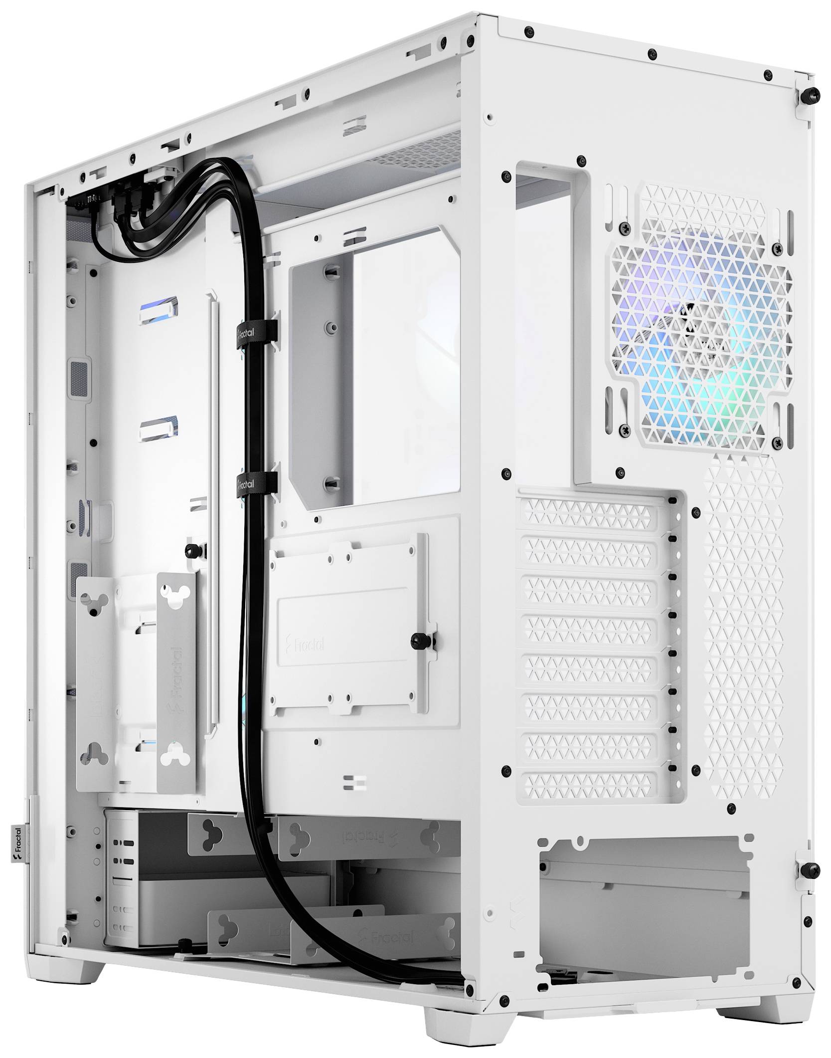 Boîtier PC blanc avec plusieurs emplacements pour ventilateurs et gestion des câbles. L'arrière offre divers ports pour cartes d'extension.