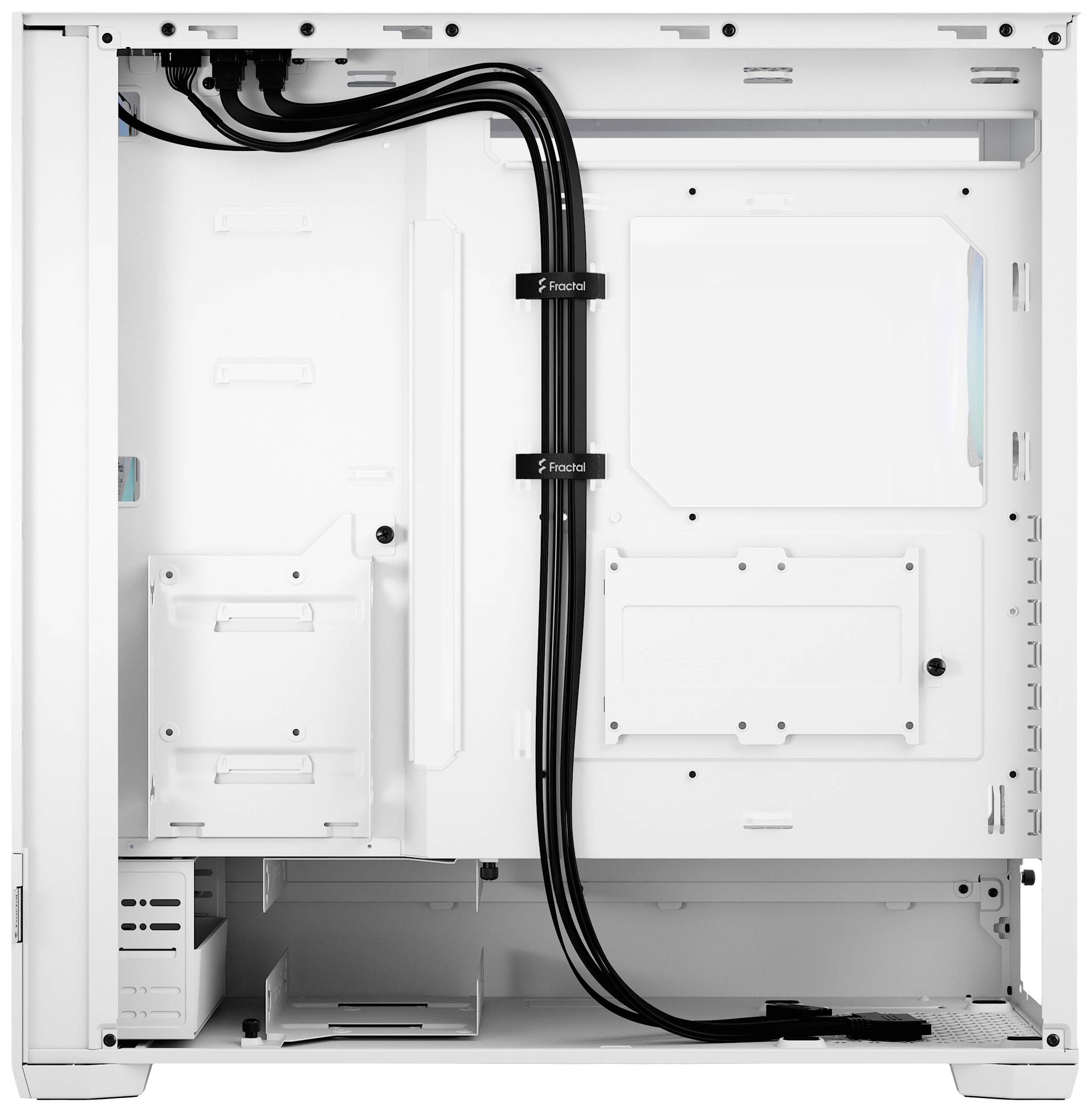 Un boîtier d'ordinateur ouvert, blanc, avec des câbles soigneusement rangés, vide à l'intérieur, équipé de supports pour disques durs et offrant de l'espace pour les composants matériels.
