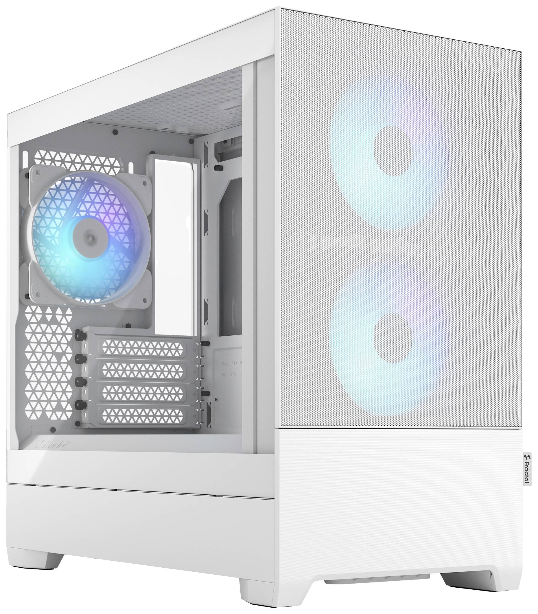 Boîtier d'ordinateur blanc avec deux ventilateurs lumineux à l'avant et un sur le côté. Design moderne, adapté aux ordinateurs de gaming.